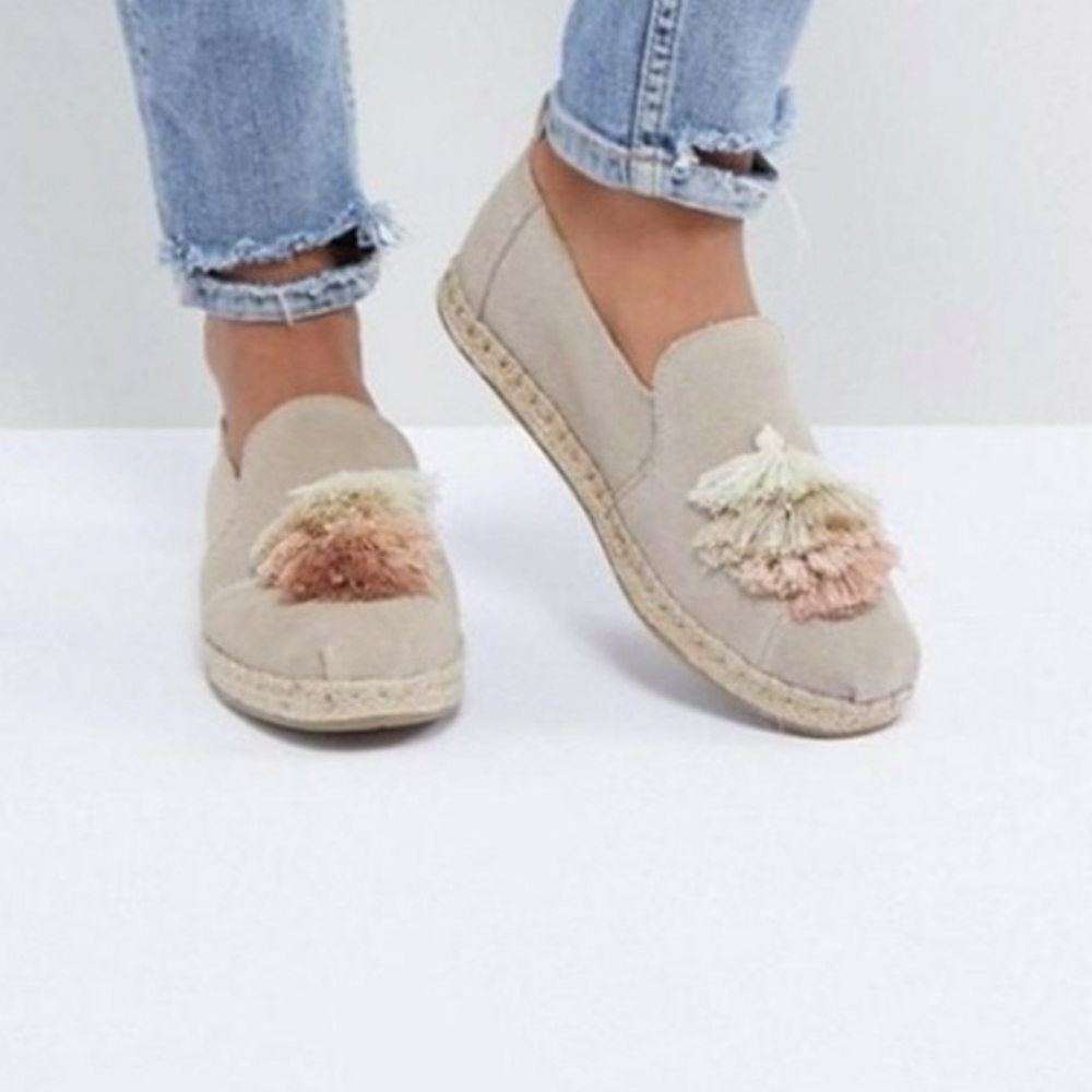 TOMS Suede tan slip on oxfords with soft tassles